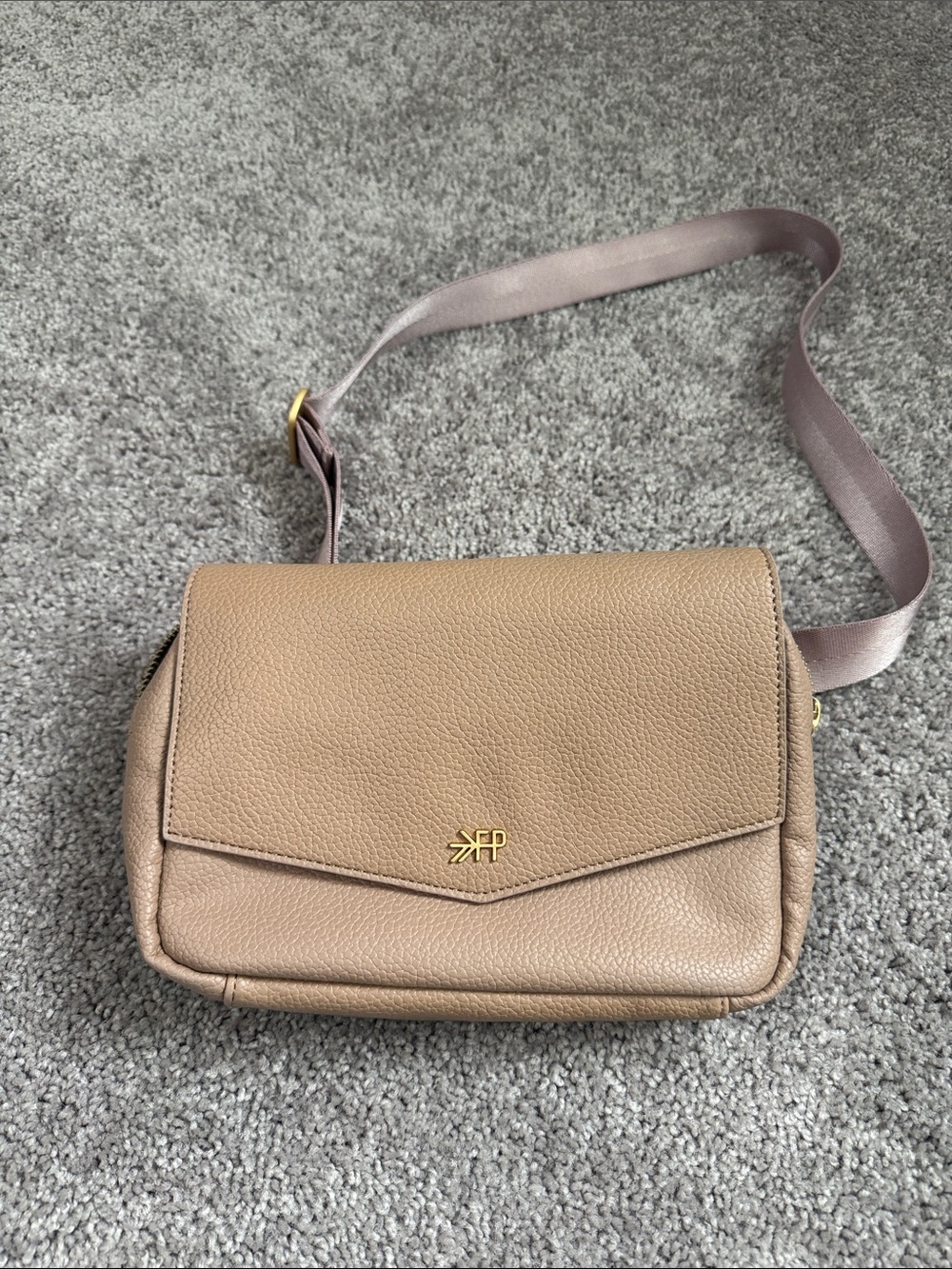 Freshly Picked Taupe Pebbled Crossbody with Pink Strap and Gold Logo